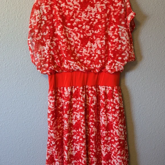 NWT H by Halston Coral Red Brush Stroke Dress Cap Sleeves Knee Length Sz. M - Picture 8 of 12